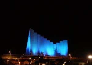 The Arctic Cathedral gets lit up at night and is visible from many places in the city.