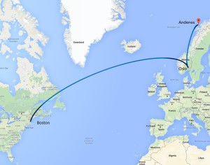 This map illustrates the first two legs of my travel that took me from Boston to Oslo and up to Andenes.  (via Google Maps)
